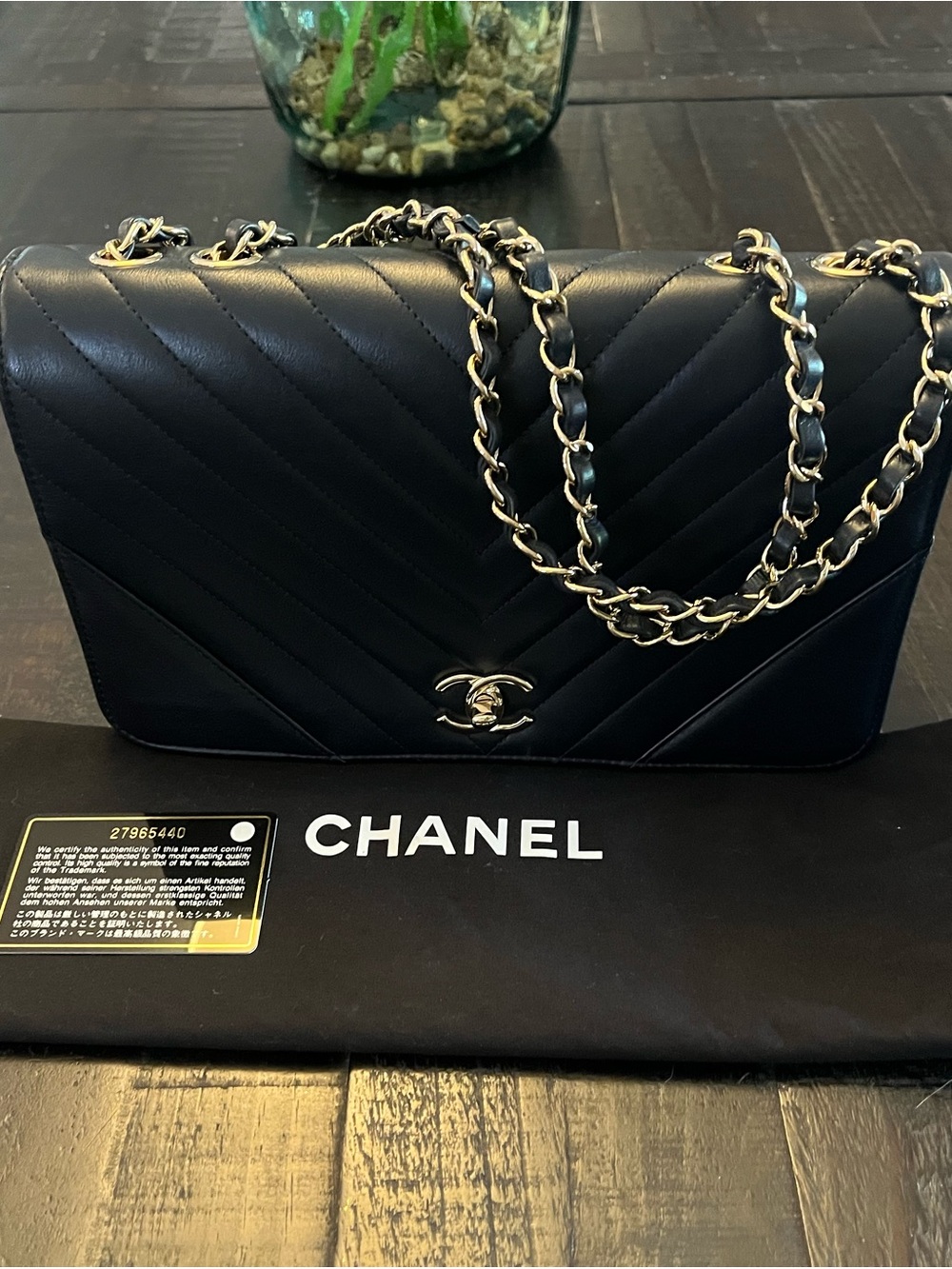 CHANEL Navy Blue Chevron Quilted Leather Shoulder Bag with Gold Chain